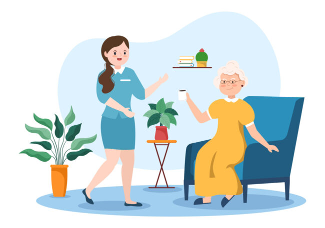 elderly-care-services-hand-drawn-cartoon-flat-illustration-with-caregiver-nursing-home-assisted-living-and-support-design-vector